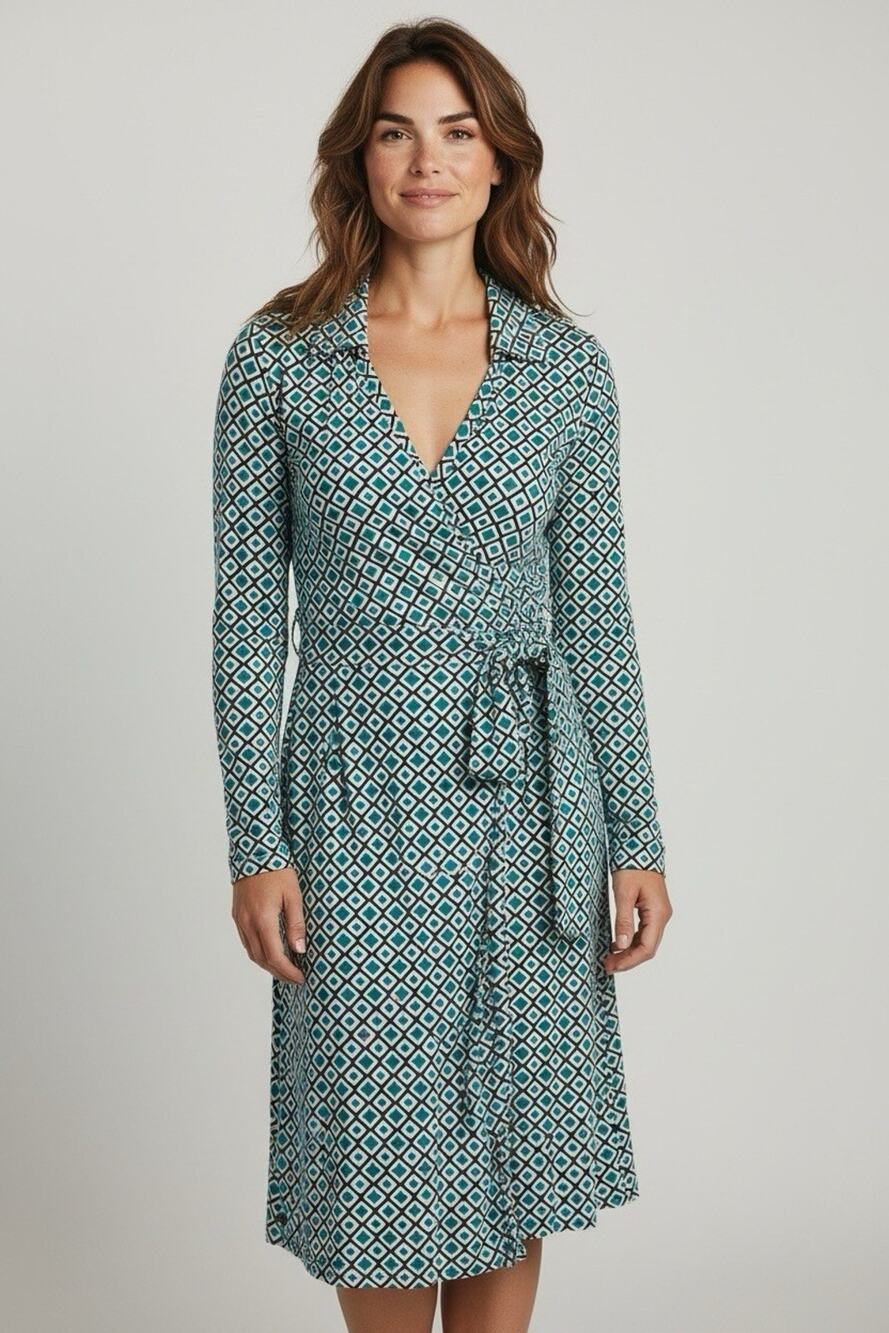 Diane Von Furstenberg Teal White Print Long Sleeve Pleat Wrap Dress Size 6
